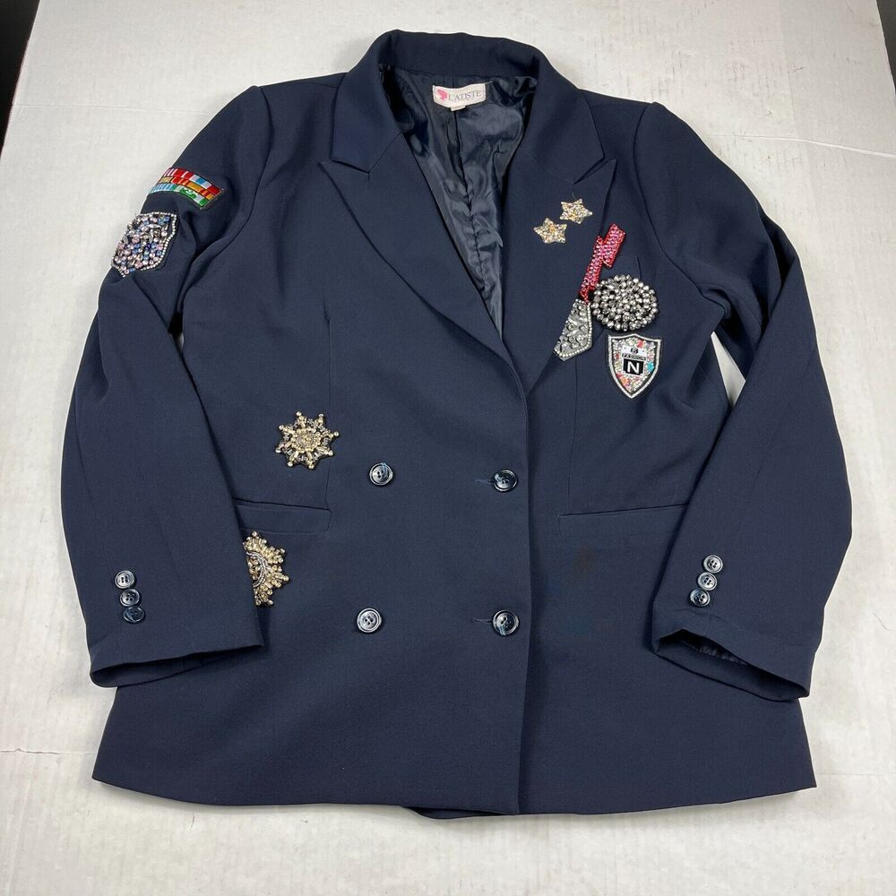 Latiste Academia Ivy League Blazer Blue Bling Patch Crest Beaded Jacket MEDIUM